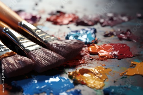 Closeup of paintbrushes with various colors on an artist s palette with splashes and smudges around the edges  symbolizing creativity and artistic expression.