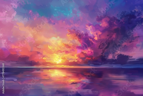Ethereal Dreamy Summer Sunset Sky with Vibrant Colors and Peaceful Atmosphere, Digital Painting © Lucija