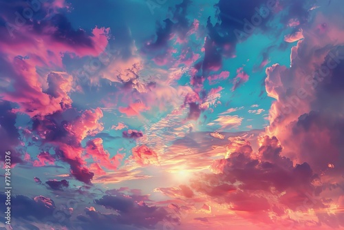 Ethereal Dreamy Summer Sunset Sky with Vibrant Colors and Peaceful Atmosphere, Digital Painting © Lucija