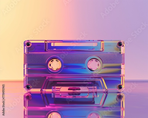 A classic music cassette tape rendered in a 3D style with a vibrant, neon gradient of purple and blue hues reflecting off of a glossy surface.