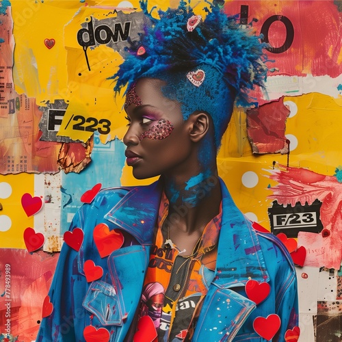 A vibrant and colorful portrait of a person with blue hair against a backdrop of mixed media art expressing urban modernity and creative expression © Eleonora