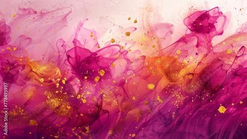 A vibrant abstract fluid ink background featuring magenta and gold splashes that intertwine and dance across the canvas, 