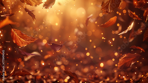 A warm, defocused cinnamon brown background with glowing amber bokeh lights, evoking the essence of autumn and the rustling of dry leaves. photo