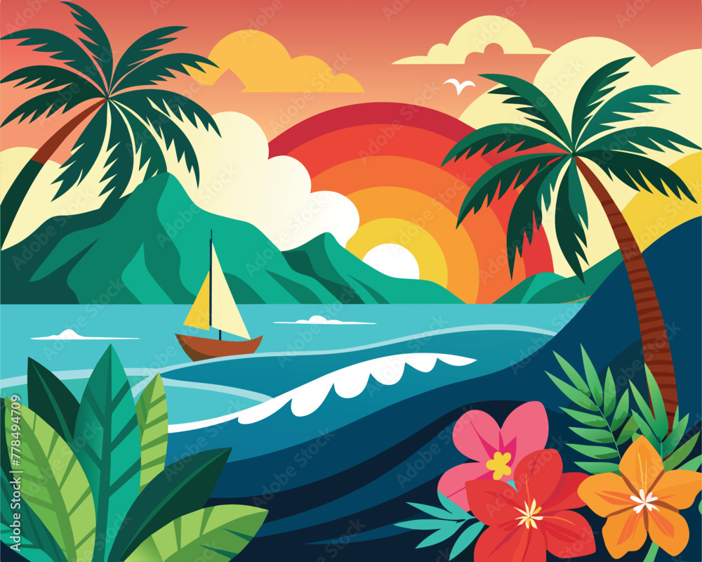Tropical summer beach ocean sunset and sunrise view cartoon vector illustration