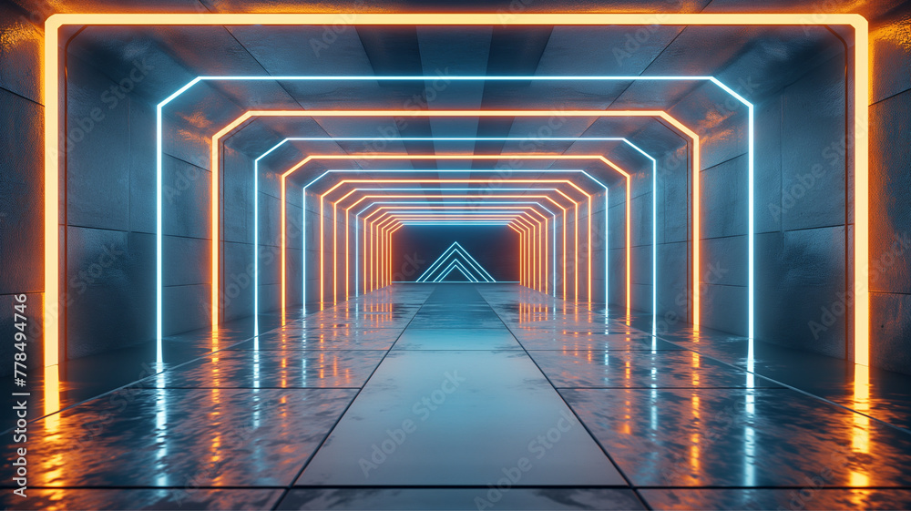 Cyber Futuristic Neon Laser Blue orange VIbrant Line Lights On Alien Modern Hall Stage Podium Tunnel Corridor Metal Concrete Made Garage 3D Rendering Cyber Futuristic Neon Laser Blue orange VIbrant Line Lights On Alien Modern Hall Stage Podium Tunnel Corridor Metal Concrete Made Garage 3D Rendering
