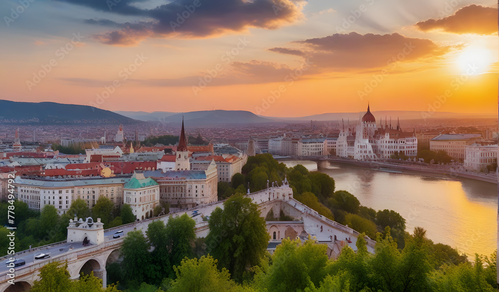 Budapest cityscape form Gellert Hill. Amazing sunset in the background. Included the Danube river, historical bridges, Budapest dwontown