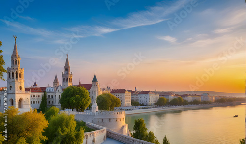 Budapest, Hungary - Beautiful golden summer sunrise with the tower of Fisherman's Bastion and green trees. Parliament of Hungary and River Danube at background. Blue sky. photo