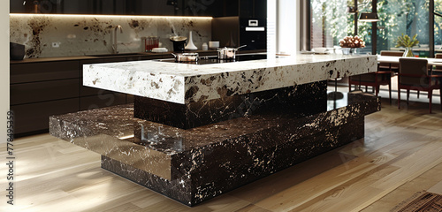 A dual-tiered kitchen island  with a base of dark marble supporting a higher level of sparkling white marble. 32k  full ultra HD  high resolution