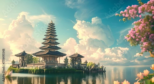 Whimsical 4k video footage showcasing a Hindu temple nestled in the sea of Bali, Indonesia, rendered in vibrant anime style  photo