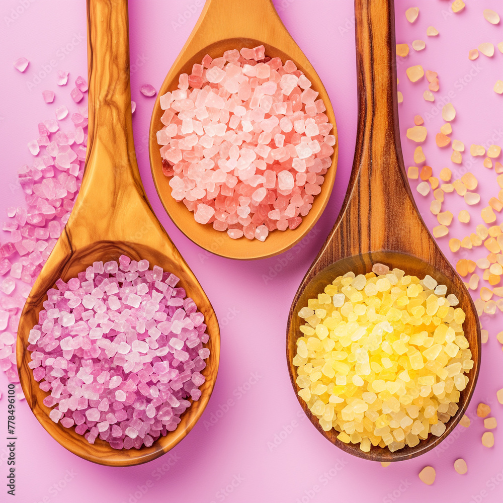 Aromatherapy bath salt skina care. Closeup salt in bowl on pink background Aromatherapy bath salt skina care. Closeup salt in bowl on pink background