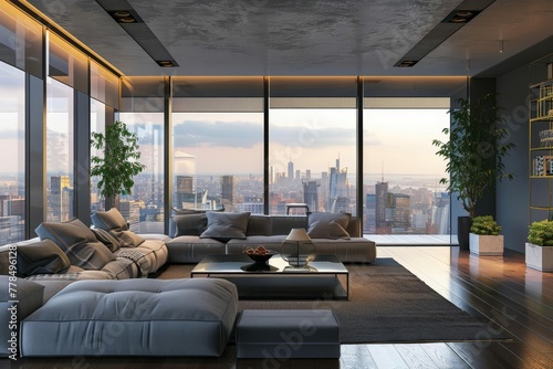 Sleek modern penthouse living room with expansive windows, luxurious city view, zoom background, 3D illustration photo