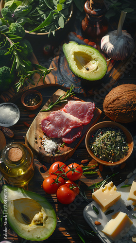 Keto Diet Visual, showcasing keto-friendly foods like avocado, coconut oil, grass-fed meats, and low-carb vegetables