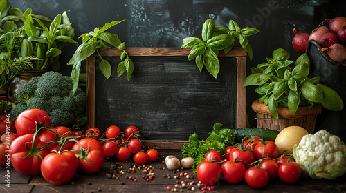 Advertisement for supermarket, market and greengrocer, with a black board with fruits and vegetables, with copy space