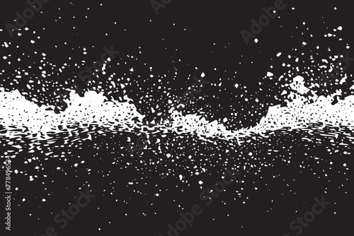 Monochromatic grunge texture, black concrete, stone, and abstract elements, shapes and slate. Charcoal splashes, dot work grain, and circular lines add artistic flair. Halftone, vector, fabric, spiral