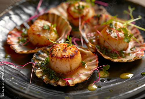 Close-up of baked scallops with breadcrumbs  lime  parsley and mint. Dark background. Seafood.