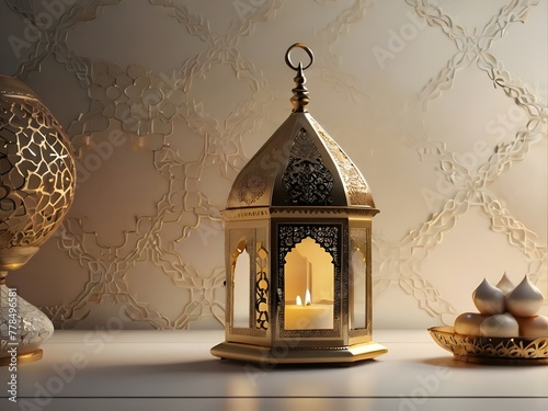 Celebration of islamic eid mubarak, Eid ul Fitr and eid al adha lantern in a light background.
