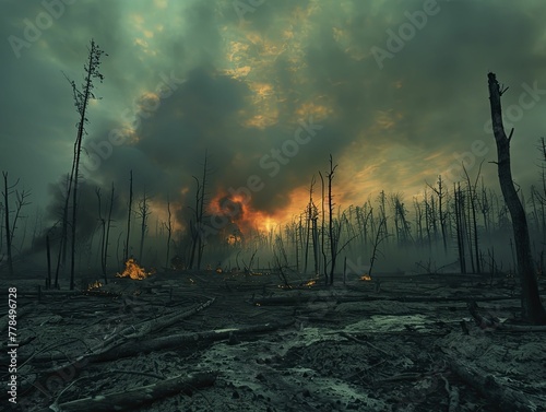 In this desolate panorama, the charred remains of a forest bear witness to the brutal impacts of warfare and climate change, leaving hope far away. photo