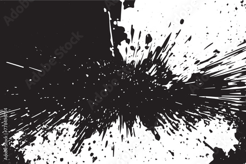 Monochromatic grunge texture, black concrete, stone, and abstract elements, shapes and slate. Charcoal splashes, dot work grain, and circular lines add artistic flair. Halftone, vector, fabric, spiral