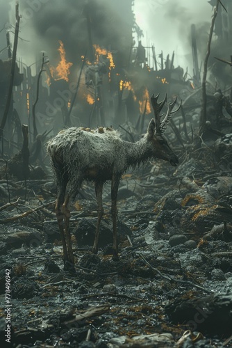 In a chilling scene  wildlife encounters war relics amidst a planet in crisis  a stark reminder of our interconnected plight.