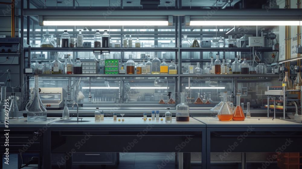 A chemical research laboratory with fume hoods and lab benches, patiently waiting for scientists to resume their explorations of new compounds A chemical research laboratory with fume hoods and lab benches, patiently waiting for scientists to resume their explorations of new compounds