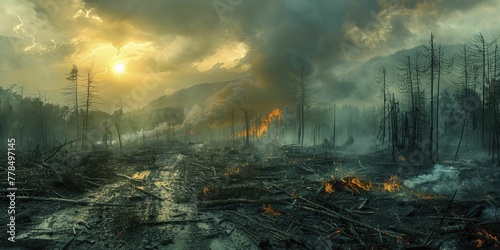 The destruction of forests for military gain chokes our planet, leaving a scorched legacy of war and warming. photo