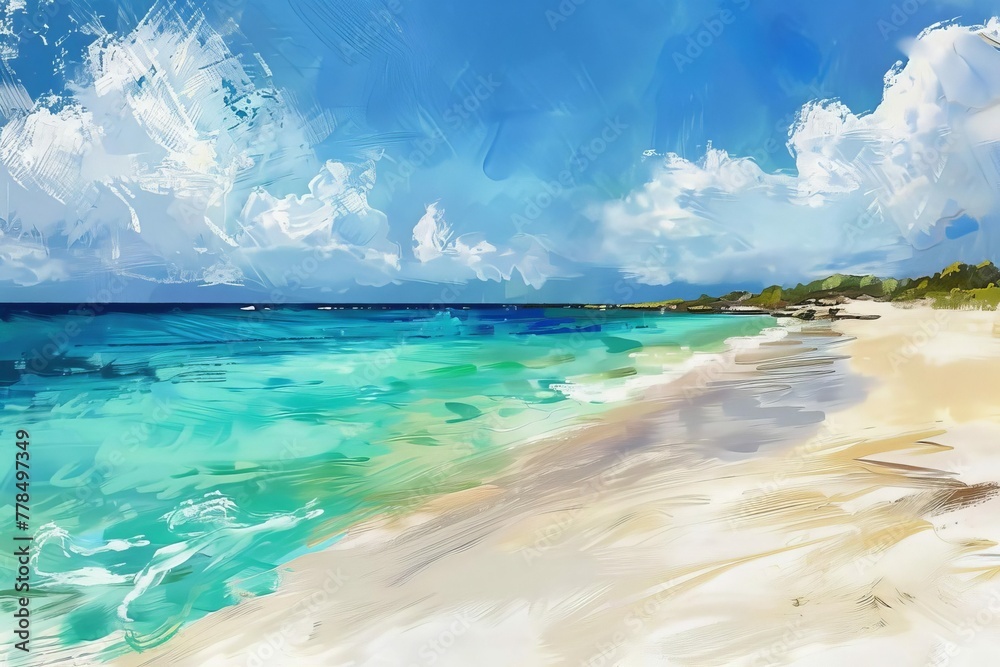 Serene beach vacation scene with turquoise water and white sand, idyllic tropical paradise, digital painting