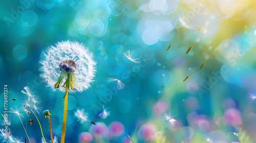 Beautiful dandelion closeup on blue and green background. macro photo of fluffy white seeds flying in the wind