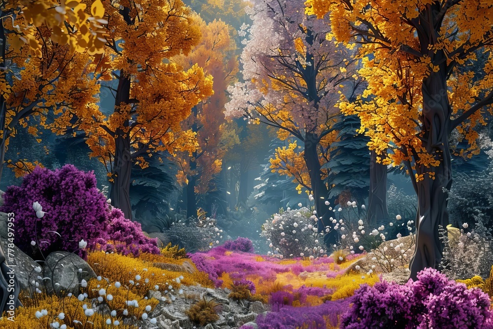 Panoramic Fantasy Autumn Forest with Pine Trees and Colorful Flowers, 3D Illustration - obrazy, fototapety, plakaty 