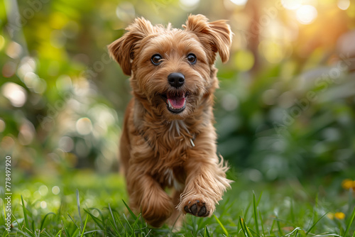 pet running towards the camera, friendly and cheerful yorkshire terrier dog