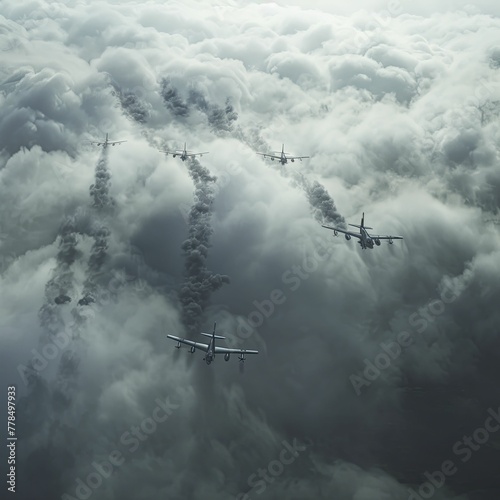 In the ethereal mist, warplanes disappear as the climate apocalypse unravels in a hauntingly surreal vision. photo