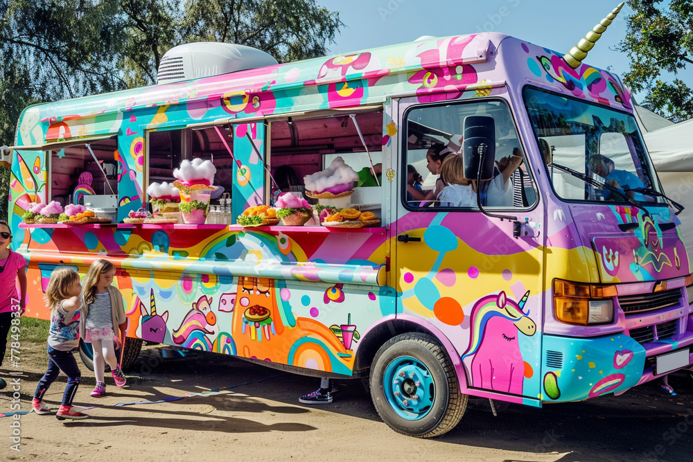 A brightly painted food truck at a children's carnival, serving fun and creative snacks like cotton candy burritos and unicorn milkshakes, with kids and families gathered around.