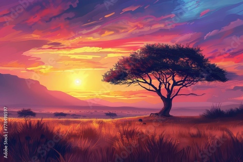 African savanna landscape with acacia tree and distant mountains at sunset, digital painting
