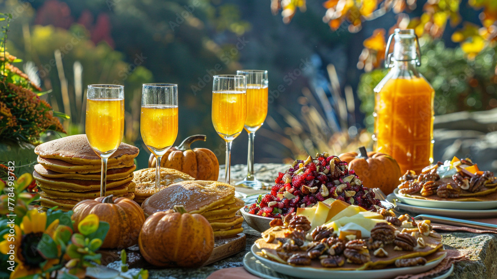 A cozy autumnal brunch table set outdoors, featuring pumpkin spice pancakes, apple cider mimosas, and a cranberry walnut salad. 