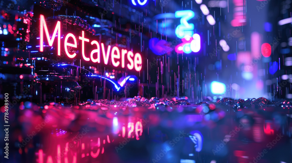 Futuristic dark cyberpunk city with neon sign Metaverse, abstract digital world, lettering on rain and lights background. Concept of technology, cyber future,, virtual reality