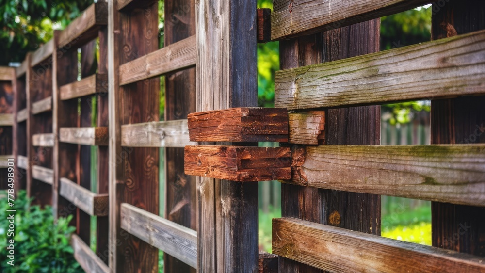 a wooden fence, with worn and weathered planks, displaying a rustic charm. The wood grains are visible,  The background reveals a lush green garden