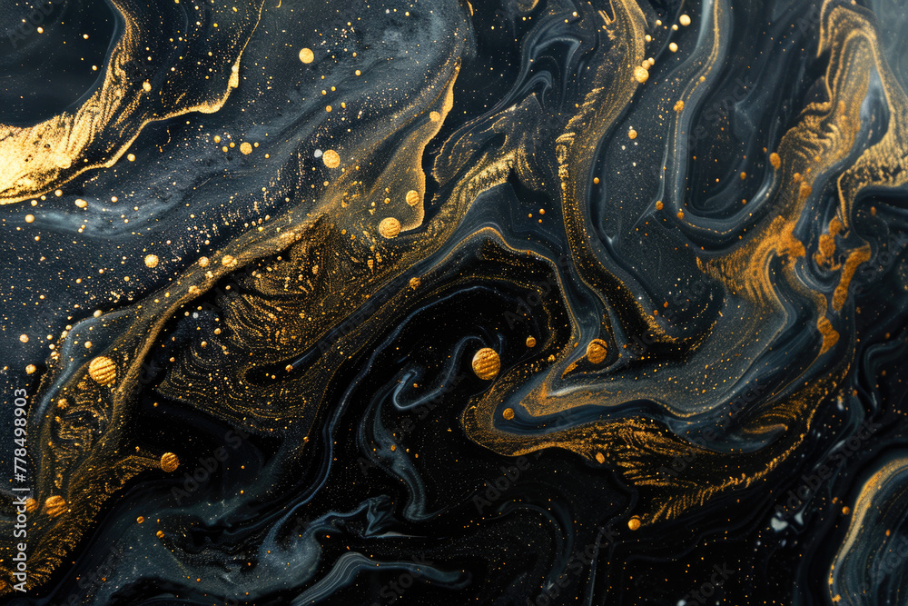 Black liquid texture background, top view of waves of oil and gold glitter, abstract luxury marble pattern. Concept of shiny surface, watercolor and wallpaper Black liquid texture background, top view of waves of oil and gold glitter, abstract luxury marble pattern. Concept of shiny surface, watercolor and wallpaper