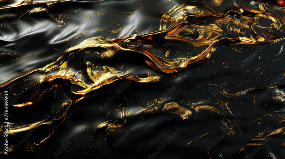 Black liquid texture background, top view of waves of oil and gold glitter, abstract luxury paint pattern. Concept of marble surface, watercolor, swirl and wallpaper - obrazy, fototapety, plakaty 