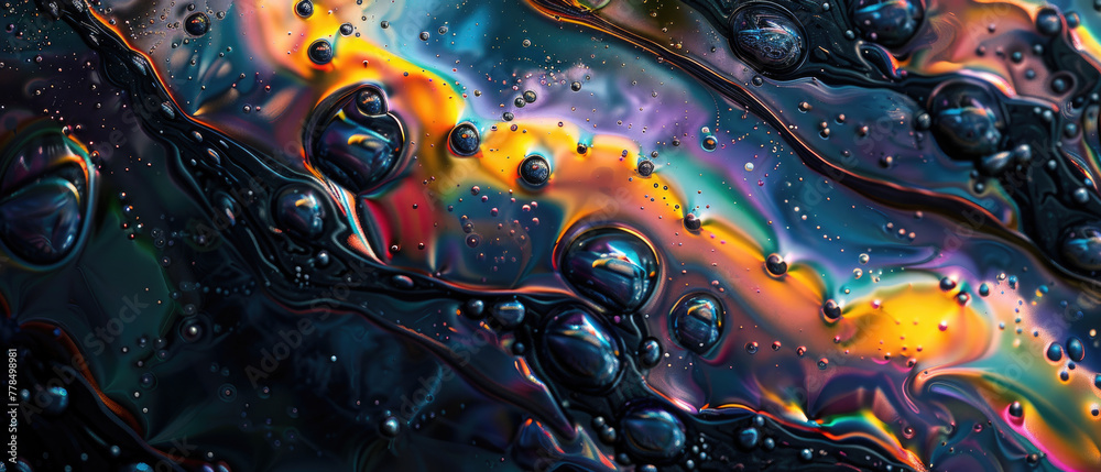 Obraz premium Color liquid texture background, bubbles of black oil or water with rainbow gradient. Concept of multicolored surface, abstract pattern, iridescent, watercolor