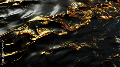 Black liquid texture background, top view of waves of oil and gold glitter, abstract luxury paint pattern. Concept of marble surface, watercolor, swirl and wallpaper