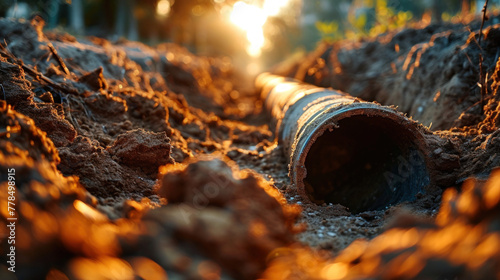 Metal pipe in trench with dirt at sunset, pipeline construction in ground, underground water line. Concept of technology, oil, gas, work, dig and industry. photo