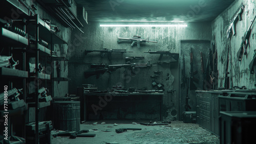Room with weapon and army equipment, guns in boxes and on wall in dark storage, illegal smuggle arsenal. Concept of war, store, military industry, background, package