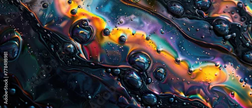 Panel kuchenny z motywem Color liquid texture background, bubbles of black oil or water with rainbow gradient. Concept of multicolored surface, abstract pattern, iridescent, watercolor