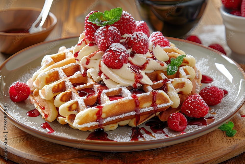 Dish with waffle, whipped cream, and berries on plate Dish with waffle, whipped cream, and berries on plate