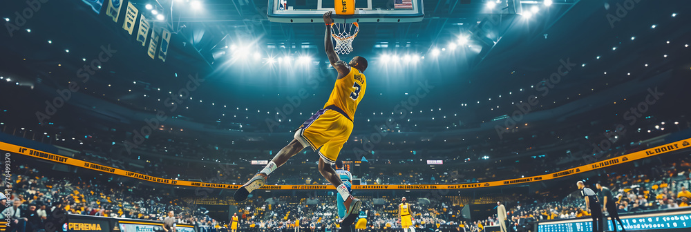 custom made wallpaper toronto digitalNBA player in a yellow and white uniform dunks on the basketball court