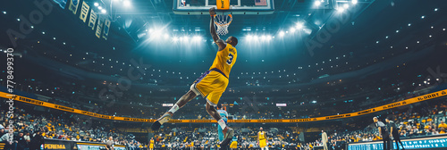NBA player in a yellow and white uniform dunks on the basketball court