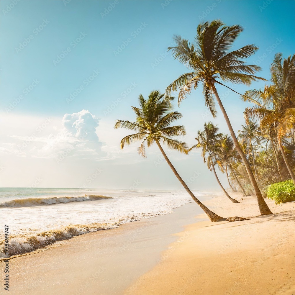 Tropical beach, ocean shore, palms, blue sea, vacation concept