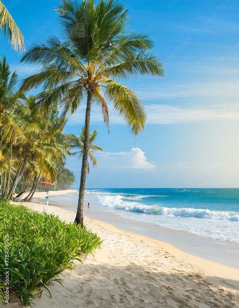 Tropical beach, ocean shore, palms, blue sea, vacation concept