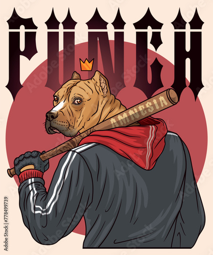 Hip Hop Dog with Crown and Bat - Pinch Swag Themed Illustration.  Stylized Illustration of a Dog with Crown and Baseball Bat - Thug Life Concept. Vector t-shirt print.
