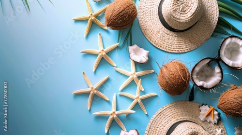 Summer accessories with starfishes and coconuts on blue background - generative ai