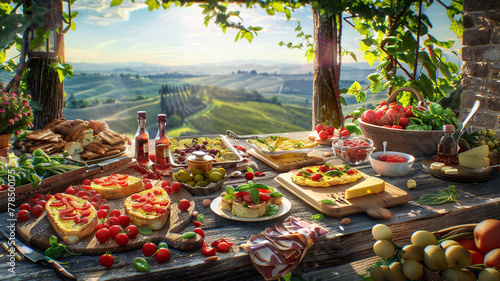A rustic Italian brunch spread on an old wooden table, with dishes such as frittata, bruschetta topped with fresh tomatoes and basil, and a selection of Italian cheeses and meats. 